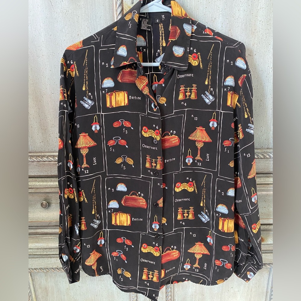 100% silk ISHYU Black and Red Graphic Women’s Blouse